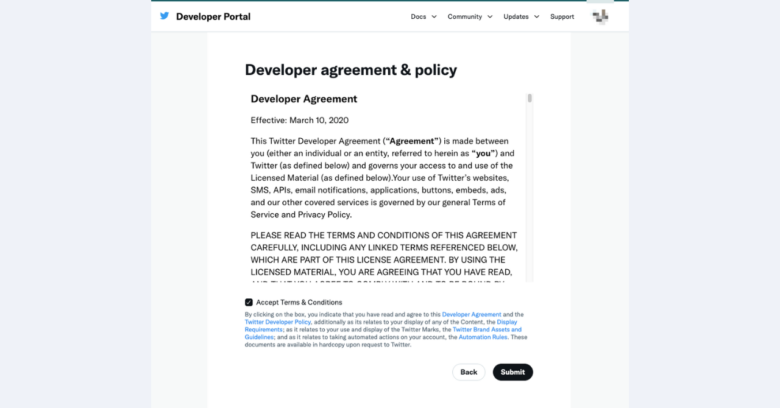 STEP4：Developer agreement & Policyで承諾し、Submitする