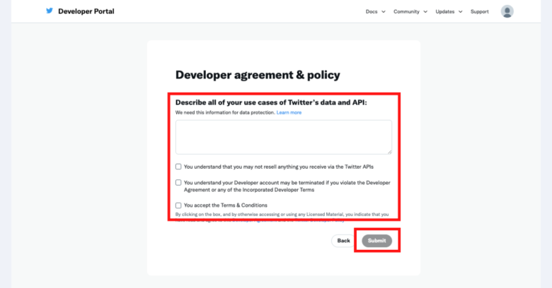 STEP4：Developer agreement & policyの画面で必要事項を入力